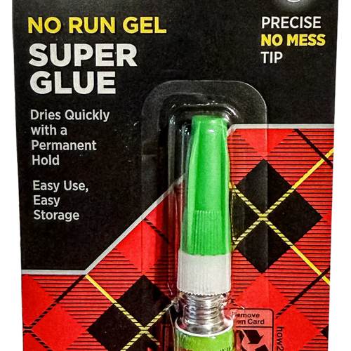 Scotch No Run Gel Super Glue in a 2 mL tube, packaged on a black and red card with a green applicator tip visible in a clear plastic window.