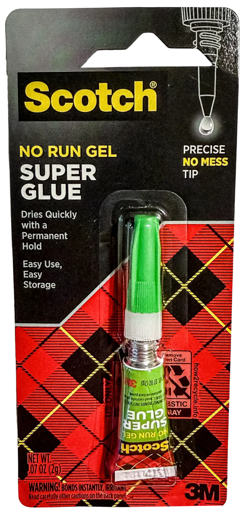 Scotch No Run Gel Super Glue in a 2 mL tube, packaged on a black and red card with a green applicator tip visible in a clear plastic window.