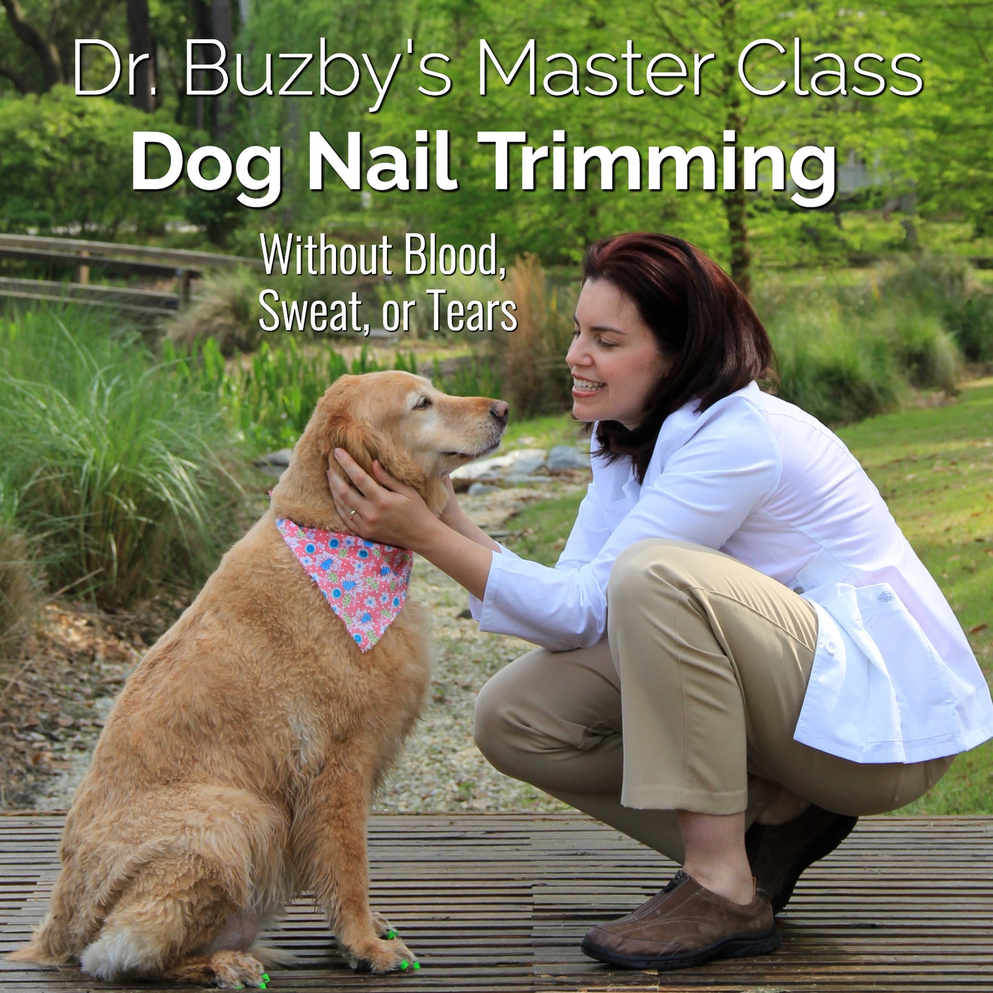 Dr. Julie Buzby and Golden Retriever dog outdoors with title Dr. Buzby's Master Class Dog Nail Trimming